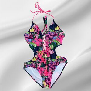 Shein Ladies Blue Floral Print Size‎ L UNDERWIRED SWIMSUIT / Swimming Costume